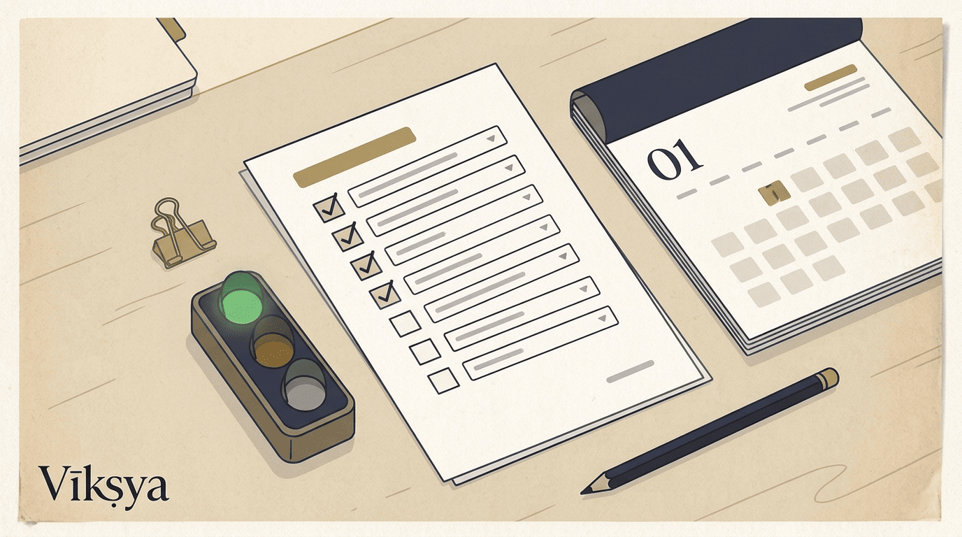 Overhead illustration of a monthly AI governance review checklist with status indicators