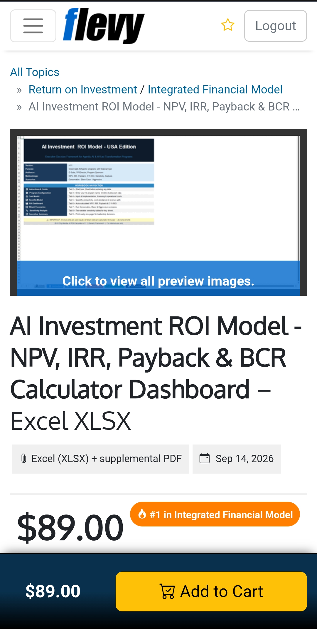 AI Investment ROI Model listing on Flevy, showing the Return on Investment / Integrated Financial Model category breadcrumb