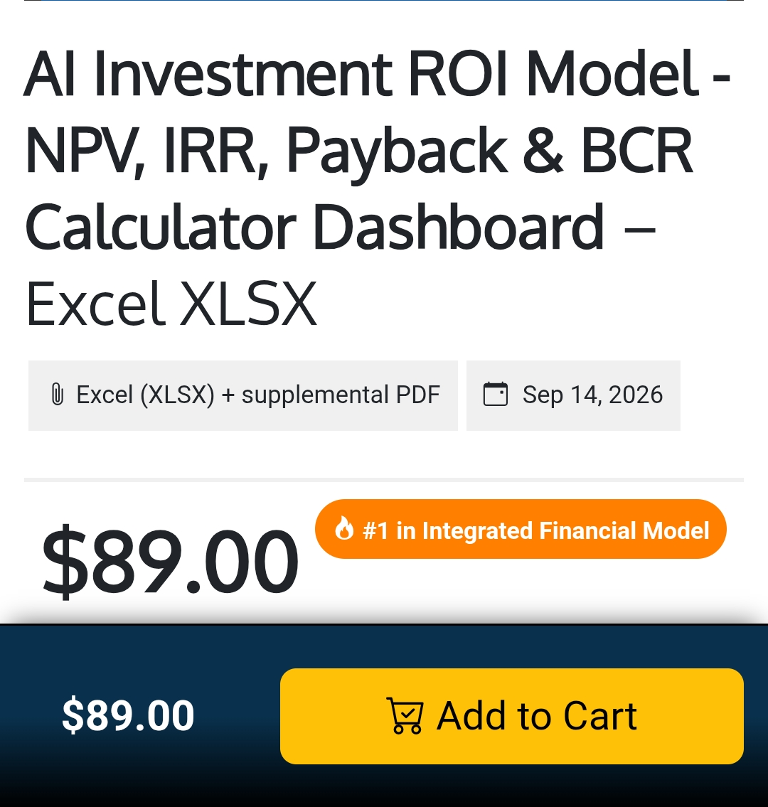 AI Investment ROI Model - NPV, IRR, Payback and BCR Calculator Dashboard, showing the #1 in Integrated Financial Model badge on Flevy