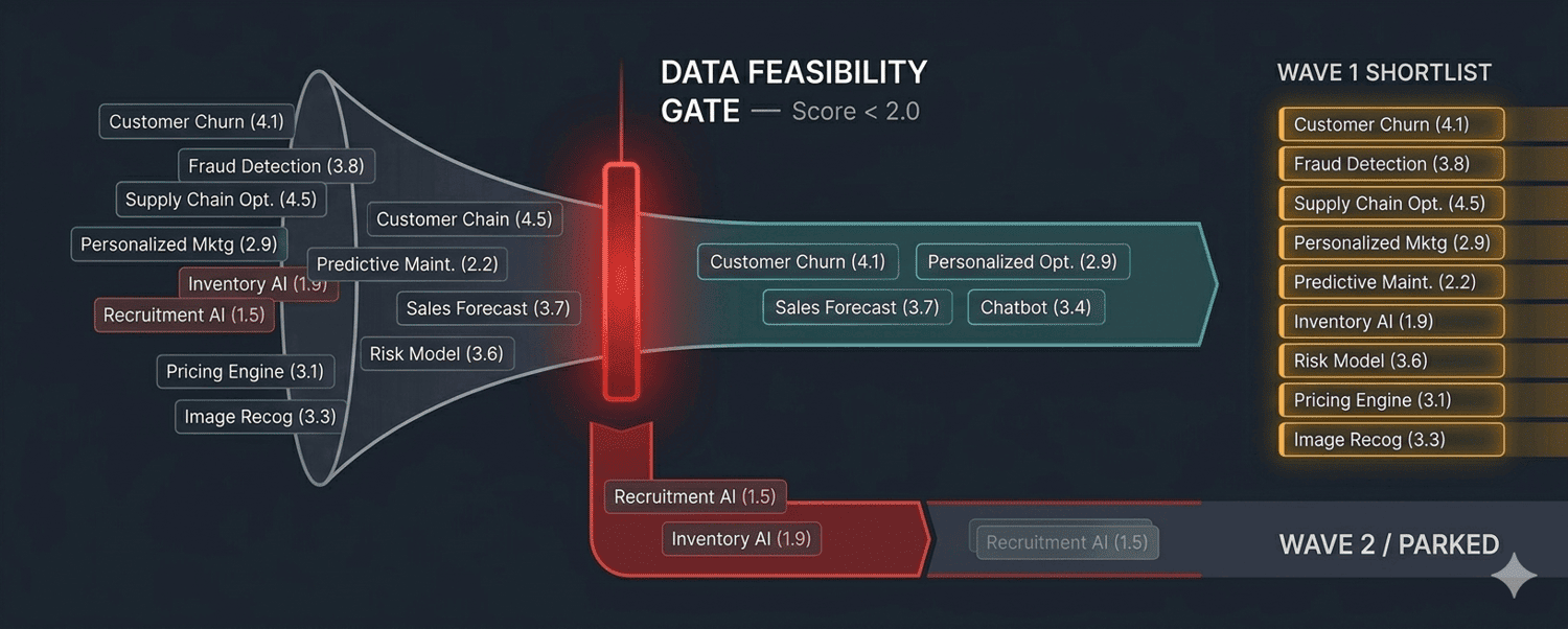 AI use case prioritisation data feasibility hard gate — use cases scoring below 2.0 on data readiness are automatically blocked from Wave 1 regardless of composite score