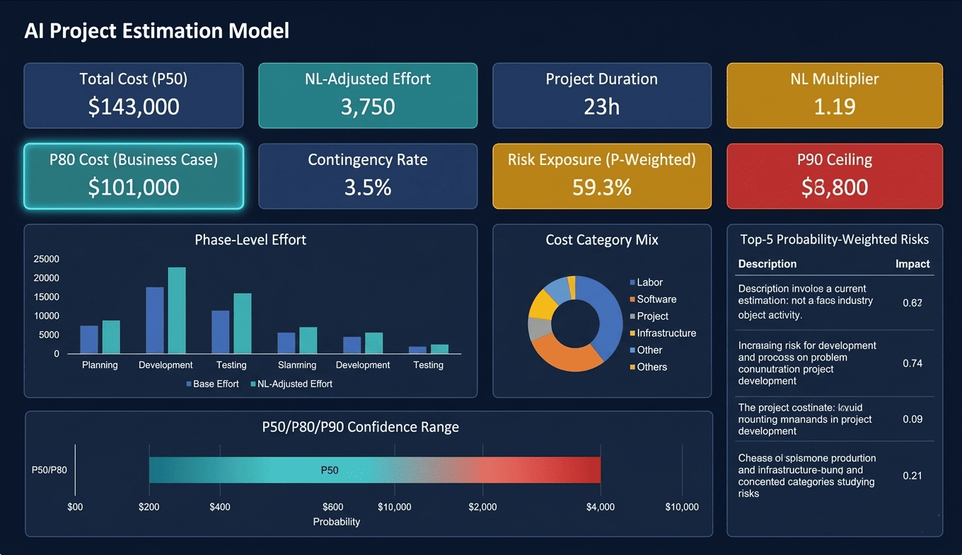 Executive dashboard for AI project estimate showing 8 KPI tiles, phase effort comparison, cost mix, confidence range, and top risks