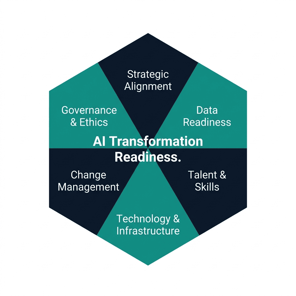 Six dimensions of AI transformation readiness — strategic alignment, data, talent, technology, change management, governance