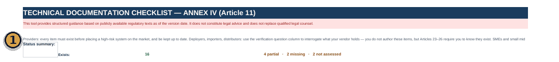 EU AI Act Annex IV Technical Documentation Checklist showing a status summary of items that exist, are partial, missing, or not assessed